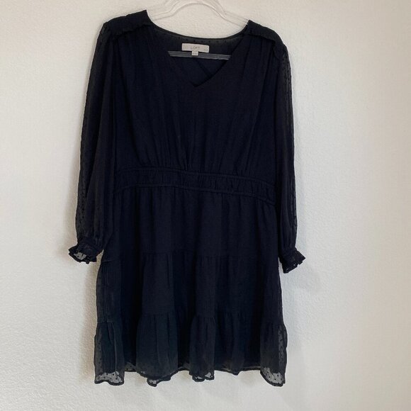 Loft Petite Black Clip Dot Long Sleeve Smocked Waist Dress Size 16P - Picture 2 of 11